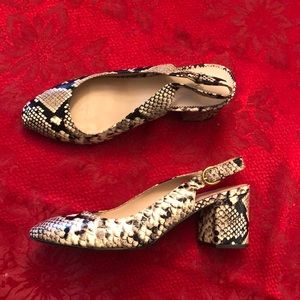 J. Crew snake print sling backs